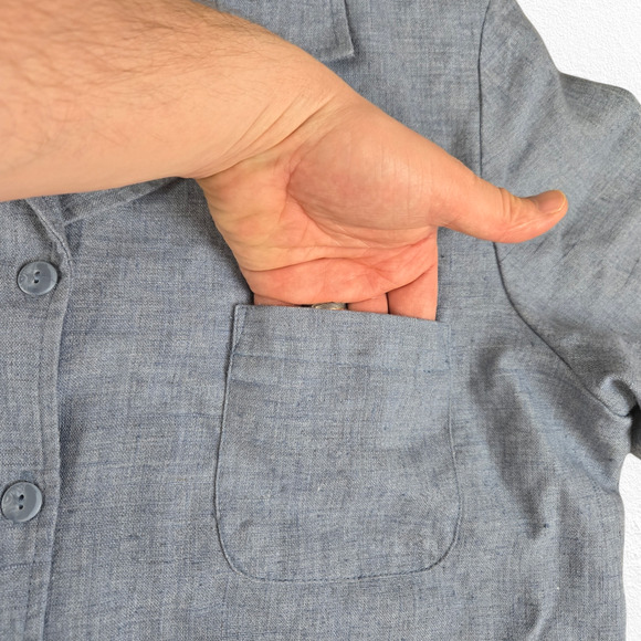 90s Vintage Blue Chambray Linen Blend Short Sleeve Button Down Shirt Size XL - Picture 4 of 6